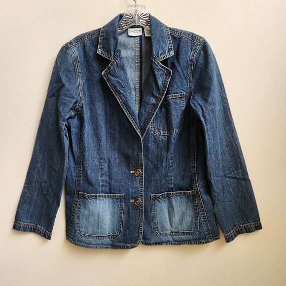 Jean Jacket Women's 0 Blue Denim Distressed Pockets Retro Boho Hippie Chico's - Picture 1 of 13